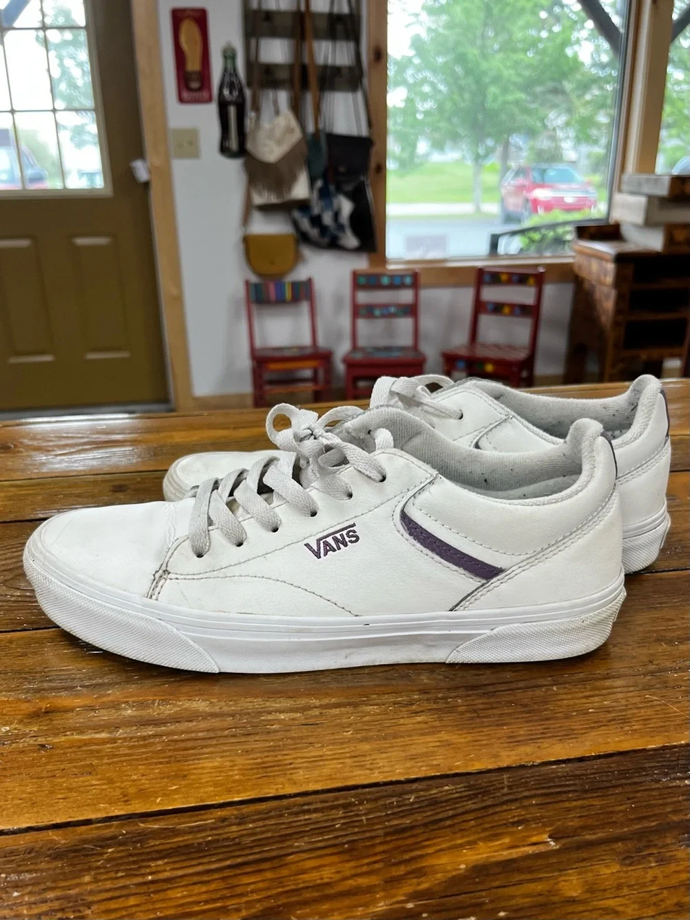Vans Women’s White Low-Top Sneakers with Purple Stripe